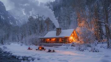 ai gegenereerd cabine in de bossen met rook stijgende lijn foto