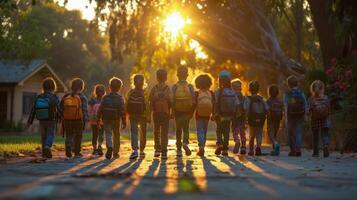 ai gegenereerd groep van kinderen wandelen naar beneden straat Bij zonsondergang foto