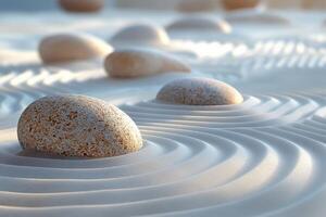 ai gegenereerd zen stenen Aan geharkt zand met rimpeling patroon foto
