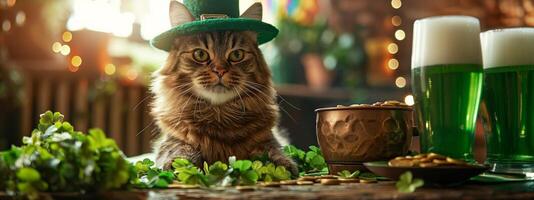 ai gegenereerd feestelijk kat in st. Patrick kleding foto