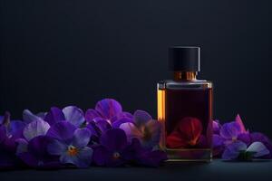 ai gegenereerd elegant parfum fles temidden van Purper bloemen foto
