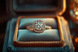 ai gegenereerd elegant diamant verloving ring in doos foto