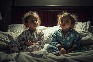 ai gegenereerd twee jong meisjes in pyjama zitten comfortabel Aan een bed foto