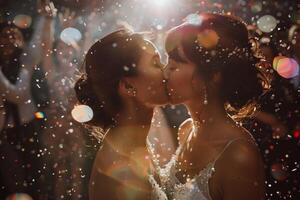 ai gegenereerd romantisch hetzelfde geslacht bruiloft kus onder sprankelend lichten foto