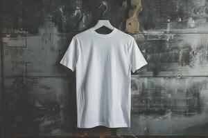 ai gegenereerd blanco wit t-shirt hangende Aan grunge muur achtergrond foto