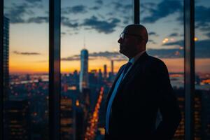 ai gegenereerd silhouet van een zakenman op zoek uit de venster Bij een stedelijk horizon gedurende een zonsondergang foto