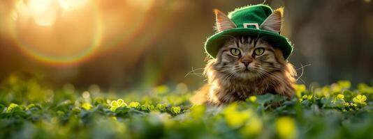 ai gegenereerd feestelijk katachtig in elf van Ierse folklore hoed vieren st. Patrick dag foto