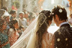 ai gegenereerd betoverd bruiloft gelukzaligheid temidden van sprankelend confetti foto