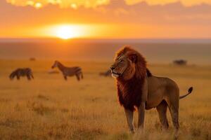 ai gegenereerd vorstelijk mannetje leeuw staat trots tegen een verbijsterend savanne zonsondergang, met zebra's begrazing in de achtergrond foto