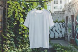 ai gegenereerd blanco wit t-shirt mockup met stedelijk achtergrond foto