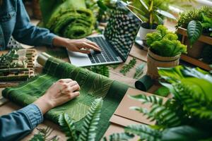 ai gegenereerd werk milieu met laptop omringd door weelderig groen binnen- planten voor een natuur geïnspireerd werkruimte foto