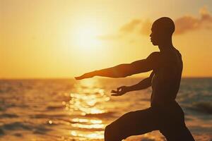 ai gegenereerd silhouet van een individu beoefenen yoga Aan de strand Bij schemer foto