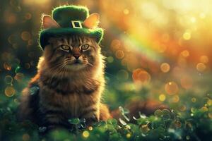 ai gegenereerd charmant kat in elf van Ierse folklore hoed vieren st. Patrick dag foto