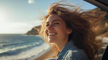 ai gegenereerd levendig tafereel van een stralend vrouw leunend uit van een auto venster Aan een zonnig dag, haar besmettelijk glimlach verhelderend haar gezicht, haar- verward door de wind, tegen de backdrop van een bruisend zee foto