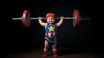 ai gegenereerd een grappig tafereel komt tevoorschijn net zo een sterk baby takels een komisch groot barbell bovengronds, hun mollig wangen puffend met poging, een vastbesloten uitdrukking foto