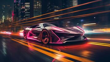 ai gegenereerd een strak, futuristische auto glijden door een bruisend stadsgezicht Bij nacht, verlichte door levendig neon lichten, strepen van licht achteraan achter het, vastleggen de snelheid en dynamiek foto