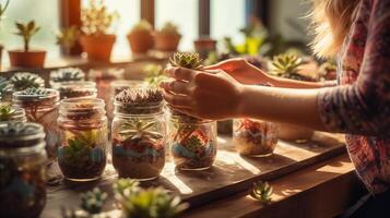 ai gegenereerd visualiseren de tafereel van vrouw handen subtiel aanplant levendig vetplanten in upcycled glas potten versierd met hand geschilderd patronen, versierd met linten en touw foto