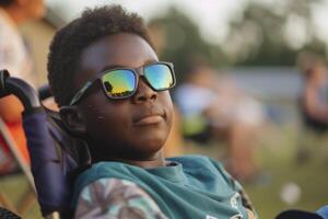 ai gegenereerd kind in een rolstoel Bij zomer kamp. generatief ai foto