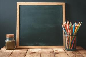 ai gegenereerd foto terug naar school- opstelling boeken Aan een houten tafel backdrop