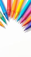 ai gegenereerd helder en stoutmoedig kleurrijk pennen Aan wit met vrij ruimte verticaal mobiel behang foto