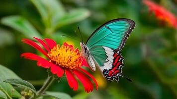 ai gegenereerd tafereel hoog scherpte beeld van smaragd groen vlinder Aan rood bloem foto