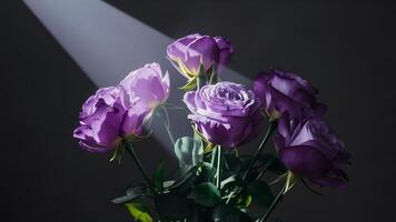 ai gegenereerd Purper rozen in abstract schot met straal van licht, top links foto