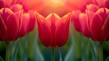 ai gegenereerd zacht licht verhelderend dichtbij omhoog rood tulp bloem, mobiel scherm foto