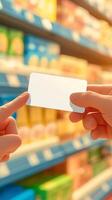 ai gegenereerd eerste persoon visie van een hand- aanbieden credit kaart Bij supermarkt verticaal mobiel behang foto