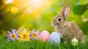 ai gegenereerd schot zonnig Pasen achtergrond met konijn, eieren, en voorjaar bloemen foto