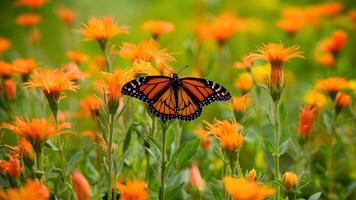 ai gegenereerd monarch vlinder temidden van helder zomer bloemen, macro artistiek beeld foto