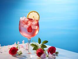 ai gegenereerd cocktail in een glas Aan een zwart achtergrond. sbagliato rosa cocktail met een takje van munt bladeren Aan een buiten dek in de zonneschijn foto