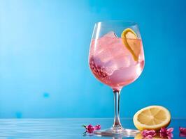 ai gegenereerd cocktail in een glas Aan een zwart achtergrond. sbagliato rosa cocktail met een takje van munt bladeren Aan een buiten dek in de zonneschijn foto