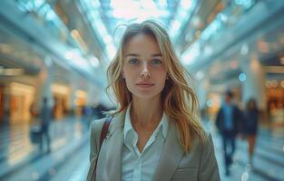 ai gegenereerd vrouw staand in groot gebouw foto