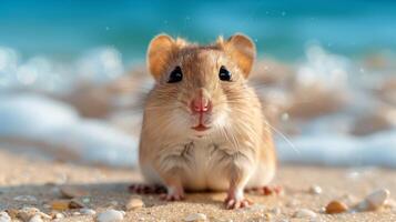 ai gegenereerd klein knaagdier Aan strand op zoek Bij camera foto