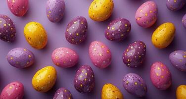 ai gegenereerd kleurrijk geschilderd eieren Aan Purper oppervlakte foto