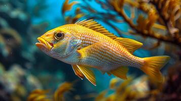 ai gegenereerd geel vis zwemmen in een aquarium foto
