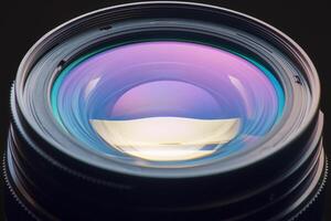 ai gegenereerd lens esthetiek levendig reflecties Aan een dichtbij omhoog camera lens foto