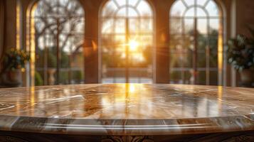 ai gegenereerd marmeren tafel in voorkant van een leeg kamer en venster foto