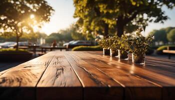 ai gegenereerd hout tafel in houten park buitenshuis achtergrond wazig foto