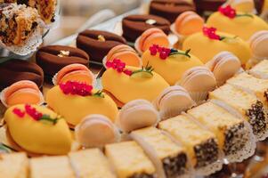 desserts met fruit, mousse, koekjes. verschillend types van zoet gebakjes, klein kleurrijk zoet taarten, macarons, en andere desserts in de zoet buffet. snoep bar voor verjaardag foto