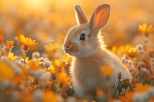 ai gegenereerd schattig konijn in voorjaar bloemen. foto