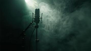 ai gegenereerd microfoon studio voor opnemen, streamen, gaming Aan een leeg rokerig donker stadium verlichte door schijnwerpers. foto
