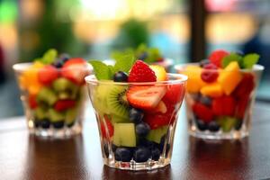 ai gegenereerd vers bessen en stukken van fruit in een plastic glas naar nemen weg net zo een tussendoortje. mango, aardbei, bramen in beker. foto