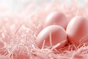 ai gegenereerd meerdere pastel eieren liggen in een nest van rietje, met een perzik dons kleur afgezwakt achtergrond het verstrekken van een rustig en warm instelling. zijn ideaal voor Pasen promoties of zacht, vredig beelden foto