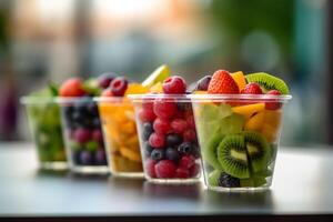 ai gegenereerd vers bessen en stukken van fruit in plastic glas naar nemen weg net zo een tussendoortje. kiwi, aardbei, mango, braam in beker. foto
