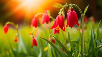 ai gegenereerd mooi klok bloemen in zonsopkomst tuin, natuur banier website foto