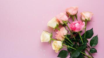 ai gegenereerd zomer bloeiende delicaat rozen Aan feestelijk pastel zacht achtergrond foto