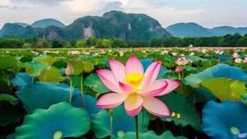 ai gegenereerd thailand nationaal park biedt backdrop voor bloeiend roze lotus bloem foto