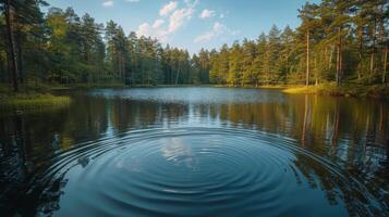 ai gegenereerd water lichaam omringd door bomen en gras foto