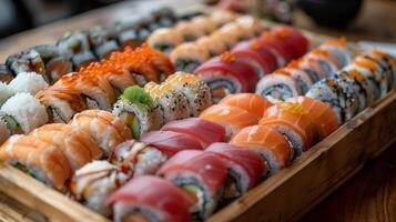 ai gegenereerd geassorteerd sushi Aan houten dienblad foto